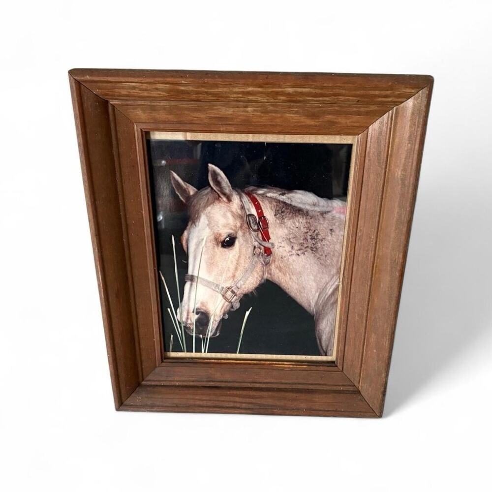 Vintage Pine Wood Picture Frame w/ Horse Photograph Rustic Equestrian Decor